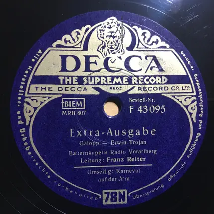 Bauernkapelle Radio Vorarlberg , Franz Reiter - Karneval Auf Der Alm / Extra-Ausgabe