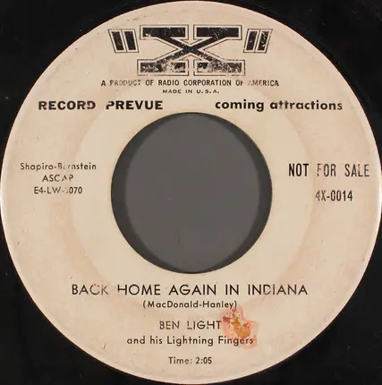 Ben Light And His Lightning Fingers - Carolina In The Morning / Back Home Again In Indiana