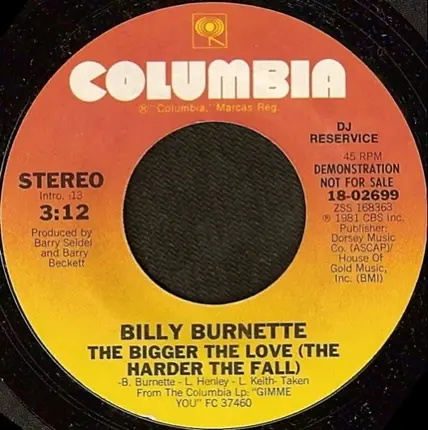 Billy Burnette - The Bigger The Love (The Harder The Fall)