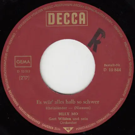 Billy Mo - Es Wär Alles Halb So Schwer / Herr Wirt, Wo ist Mein Hut