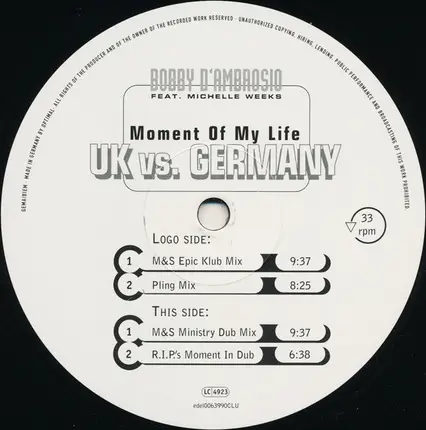 Bobby D'Ambrosio Feat. Michelle Weeks - Moment Of My Life (UK vs. Germany)