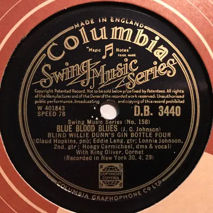 Blind Willie Dunn & His Gin Bottle Four - Jet Black Blues / Blue Blood Blues