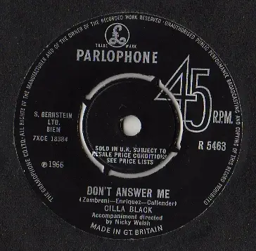 Cilla Black - Don't Answer Me / The Right One Is Left