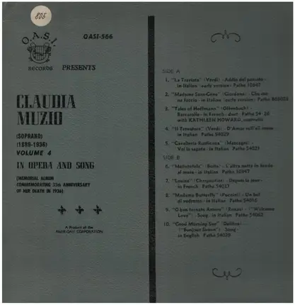 Claudia Muzio - Claudia Muzio (Soprano); Volume 4 - In Opera And Song