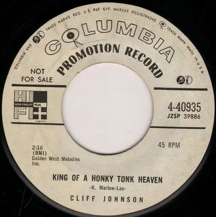 Cliff Johnson - Just A Memory Of You / King Of A Honky Tonk Heaven