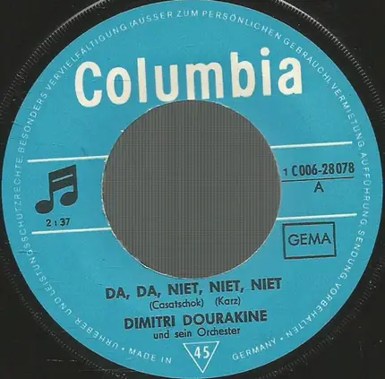 Dimitri Dourakine Und Sein Orchester - Da, Da, Niet, Niet, Niet (Casatschok) / Adelina