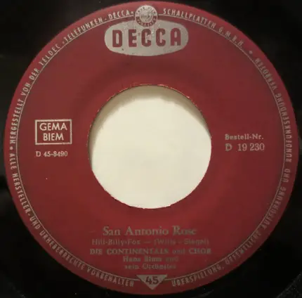 Die Continentals Und Chor, Hans Blum Orchester - San Antonio Rose / Rio Grande