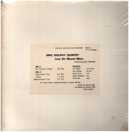 Eric Dolphy Quintet Featuring John Coltrane - Live On Mount Meru