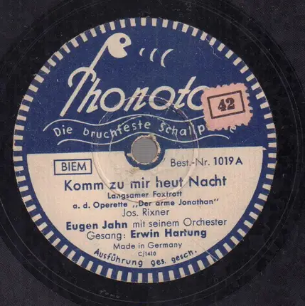 Eugen Jahn Mit Seinem Orchester - Komm Zu Mir Heut' Nacht / Wenn Ein Junger Mann Kommt