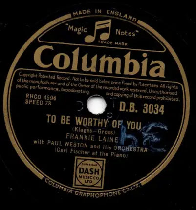 Frankie Laine With Paul Weston And His Orchestra - Song Of The Islands / To Be Worthy Of You
