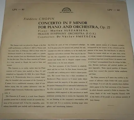 Frédéric Chopin , Marina Slezarieva , The Prague Symphony Orchestra , Václav Smetáček - Concerto In F Minor For Piano And Orchestra, Op. 21