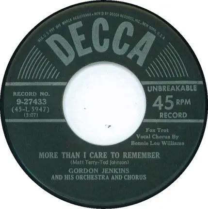 Gordon Jenkins And His Orchestra , Gordon Jenkins and his Orchestra and Chorus - Sally Doesn't Care / More Than I Care To Remember