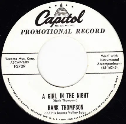 Hank Thompson And His Brazos Valley Boys - Quicksand / A Girl In The Night