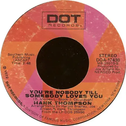Hank Thompson - You're Nobody Till Somebody Loves You / Glow Worm