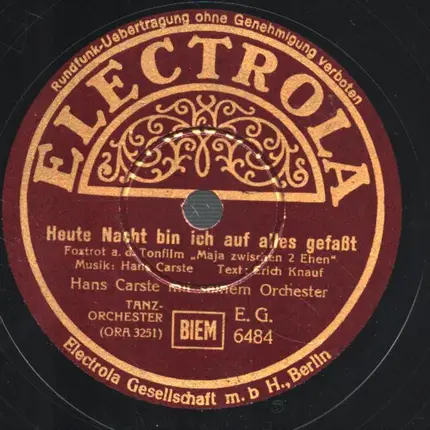 Hans Carste mit seinem Orchester - Was ein mann sich so denkt / Heute Nacht bin ich auf alles gefaßt