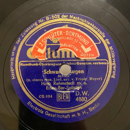 Hans Rehmstedt mit seinen Solisten - Schwarze Augen / Ich Liebe Die Sonne, Den Mond Und Die Sterne