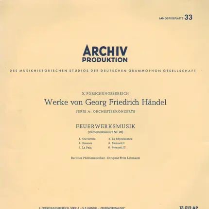 Händel - Feuerwerksmusik, Berliner Philh, Fritz Lehmann