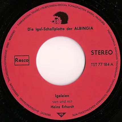 Heinz Erhardt / Irene Koss - Igeleien / Das Märchen Vom Hasen Und Dem Igel (Die Igel-Schallplatte Der ALBINGIA)
