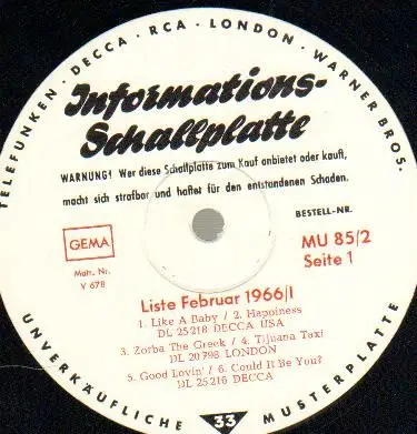 Herb Alpert, The Vogues, Brian Poole - Informationsschallplatte - Liste Februar 1966/1