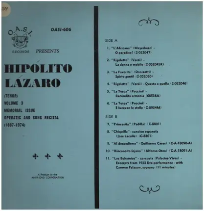Hipolito Lazaro - Volume 3 - Operatic Song Recital