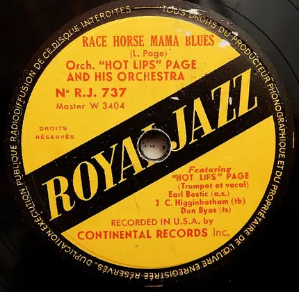 Hot Lips Page And His Orchestra - Corsicana / Race Horse Mama Blues