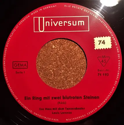 Ilse Hass Mit Dem Tanzorchester Louis Lorenzo / Trio Sorrento - Ein Ring Mit Zwei Blutroten Steinen / Schnaps, Das War Sein Letztes Wort