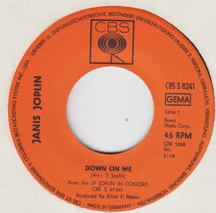Janis Joplin - Down On Me / Bye, Bye Baby