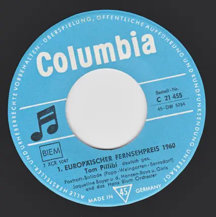 Jacqueline Boyer Und Die Hansen Boys & Girls Und Das Hans Blum Orchester - Tom Pillibi / Grüß Mir Die Liebe