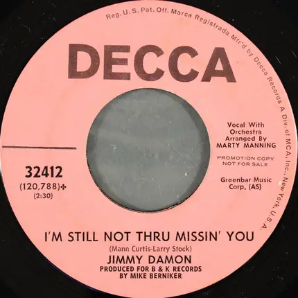 Jimmy Damon - I'm Still Not Thru Missin' You / Young Hearts, Young Hands