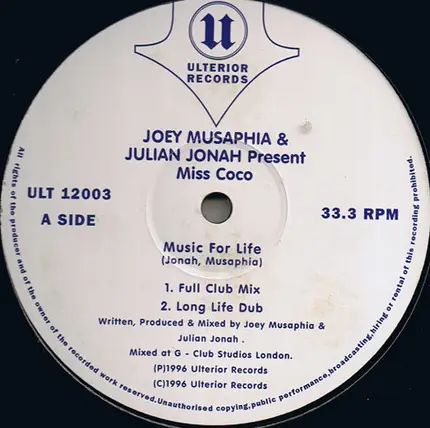 Joey Musaphia & Julian Jonah Present Miss Coco - Music For Life / Why Don't You Dance