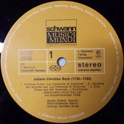 Johann Christian Bach , Agnes Giebel , Bach-Orchester Berlin , Günther Arndt - Sinfonia IV D-Dur - Konzertarien