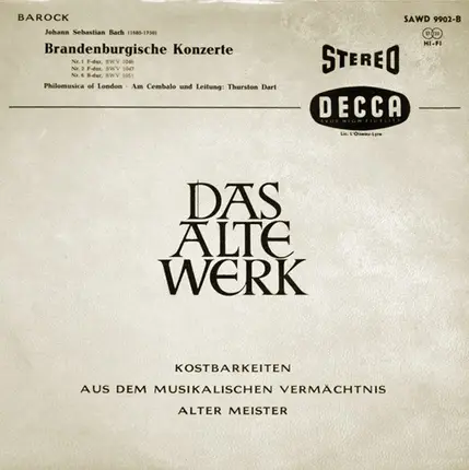 Johann Sebastian Bach - Philomusica Of London , Am Cembalo Und Leitung Thurston Dart - Brandenburgische Konzerte 1, 2 And 6