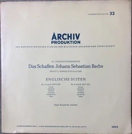 Johann Sebastian Bach - Ralph Kirkpatrick - 6 Englische Suiten (III): Nr. 5 e-moll, BWV 810 / Nr. 6 d-moll, BWV 811