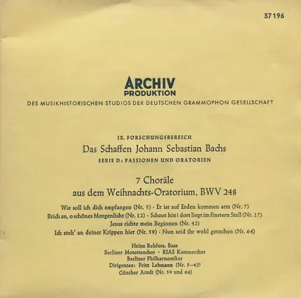 Johann Sebastian Bach , Heinz Rehfuss , Berliner Motettenchor , RIAS-Kammerchor , Fritz Lehmann , G - 7 Choräle aus dem Weihnachtsoratorium, BWV 248