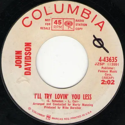John Davidson - Summer Love / I'll Try Lovin' You Less
