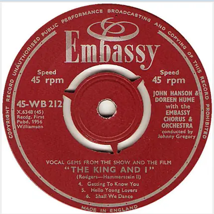 John Hanson & Doreen Hume With The Embassy Chorus And Orchestra - Vocal Gems From The Show And The Film "The King And I"