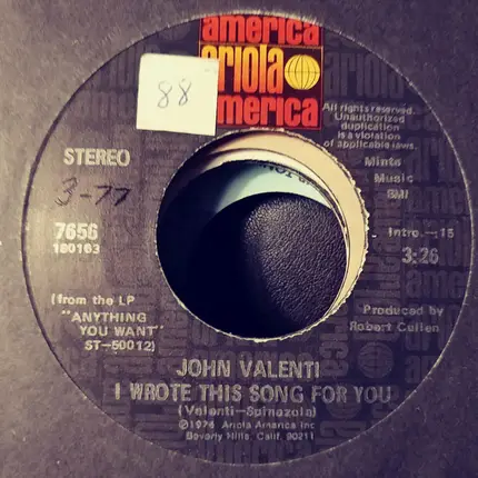 John Valenti - I Wrote This Song For You / Morning Song