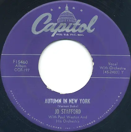 Jo Stafford With Paul Weston And His Orchestra - Autumn in New York