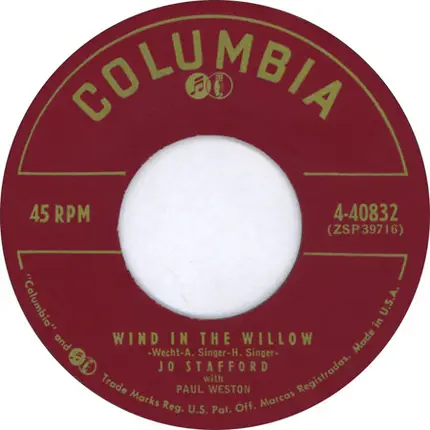 Jo Stafford With Paul Weston - Wind In The Willow / King Of Paris