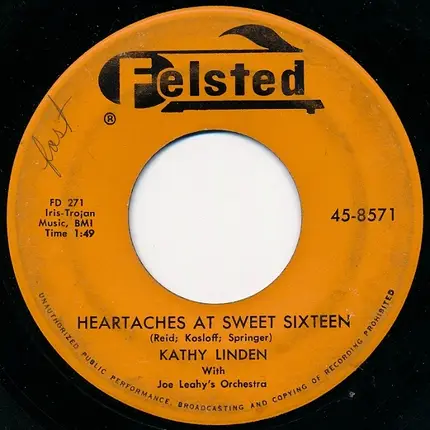 Kathy Linden With Joe Leahy Orchestra - Goodbye Jimmy, Goodbye / Heartaches At Sweet Sixteen
