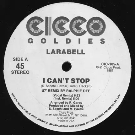 Larabell - I Can't Stop ('87 Remix By Ralphie Dee)
