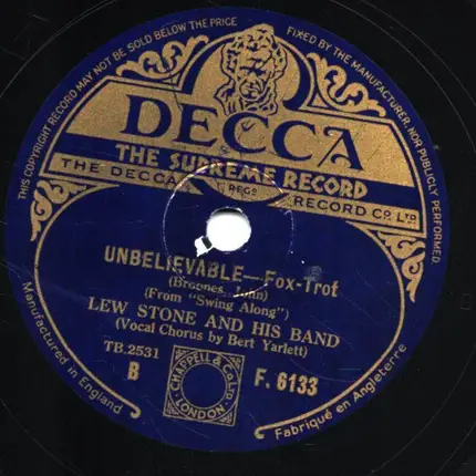 Lew Stone And His Band - Unbelievable /Pick Yourself Up