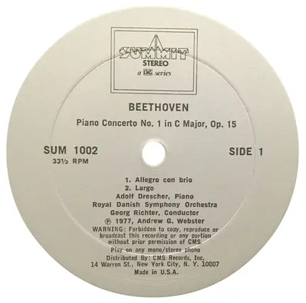 Beethoven / Brahms - Piano Concerto No. 1 In C Major, Op. 15 /  Gluck: Gavotte