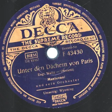 Mantovani And His Orchestra - Unter Den Dächern Von Paris / Wyoming