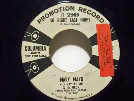 Mary Mayo , Ray Wright And His Orchestra - It Seemed So Right Last Night
