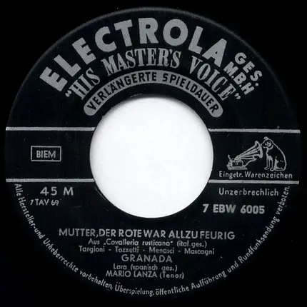 Mario Lanza - Mutter, Der Rote War Allzufeurig / Granada / Mamma Mia, Che Vo' Sape / The Lord's Prayer