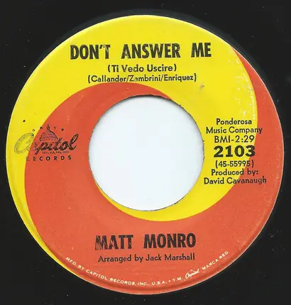 Matt Monro - Pretty Polly / Don't Answer Me (Ti Vedo Uscire)