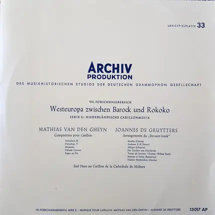 Matthias van den Gheyn ‧ Joannes De Gruytters , Staf Nees - Musique Pour Carillon: Pièces De Carillon ‧ Piéces Du "Beyaert-Boek"