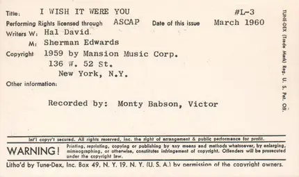 Monty Babson - I Wish It Were You / So The Story Goes