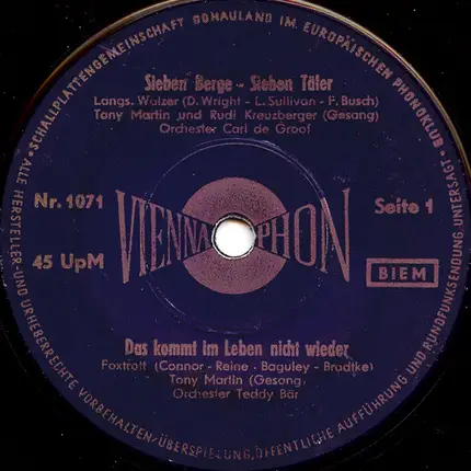 Orchester Carl De Groof / Orchester Teddy Bär - Sieben Berge - Sieben Täler / Das Kommt Im Leben Nicht Wieder / Die Bar Von Lolita (Mambo-Lolita) /